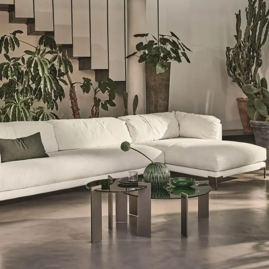 Superior Ditre Italia Aulos coffee table with a dark-tinted transparent glass top and asymmetrical varnished metal legs
