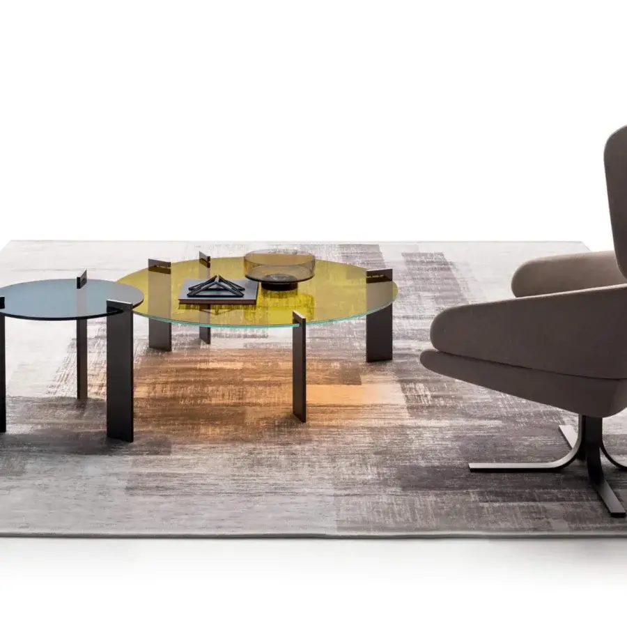 Distinguished Ditre Italia Aulos coffee table with a round transparent dark blue glass top and varnished metal legs