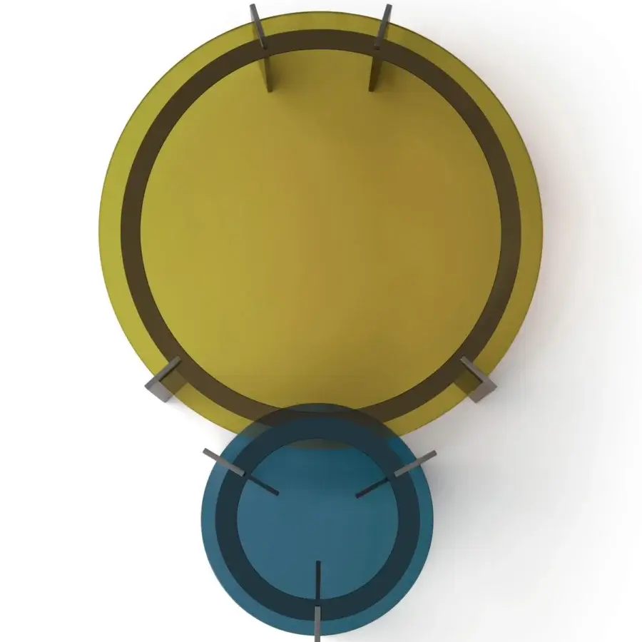 Exclusive Ditre Italia Aulos coffee table with a round yellow transparent glass top and varnished metal legs with a blue tier