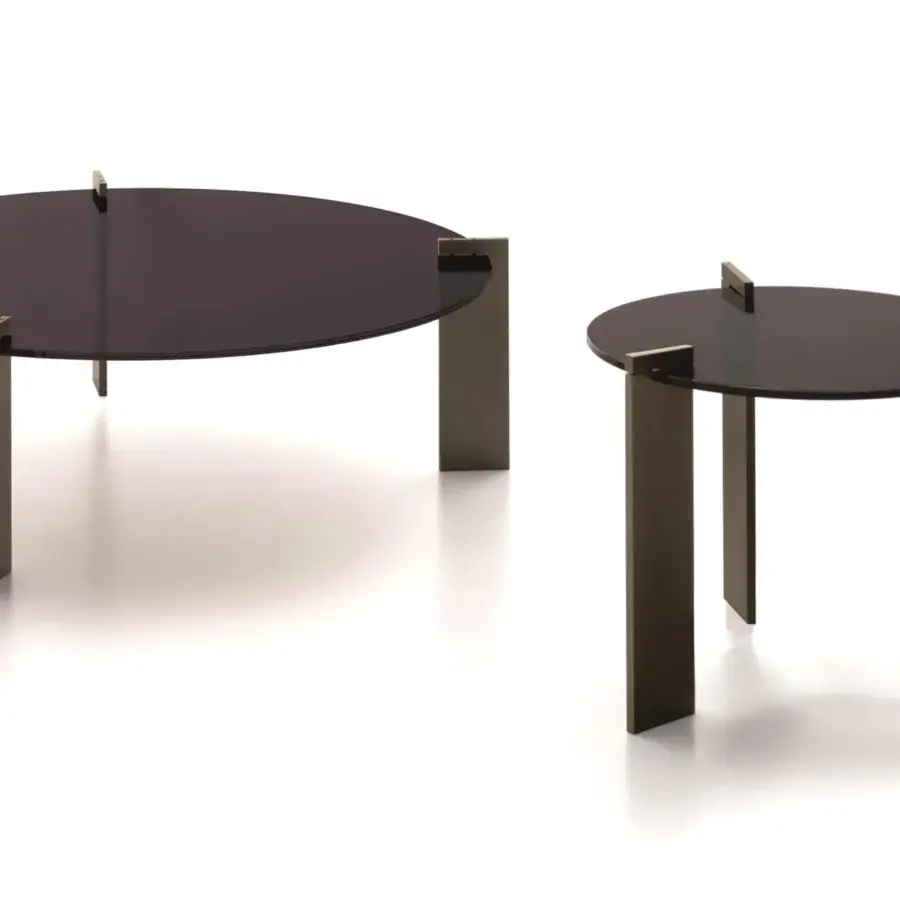 Superior Ditre Italia Aulos coffee table with a round dark-tinted transparent glass top and varnished metal legs in dark bronze or brown finish