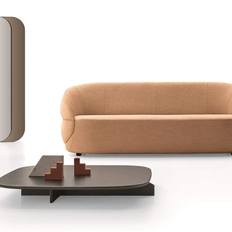 Superior Ditre Italia Clip sofa with enveloping comfort, soft rounded lines and light tan textured textile upholstery
