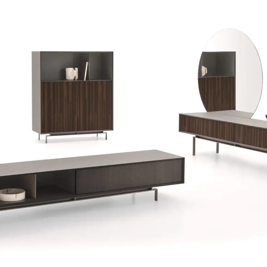 Superior Ditre Italia Eric mirror with a large oval glass and dark brown vertically-grained wooden panel complete with a low console