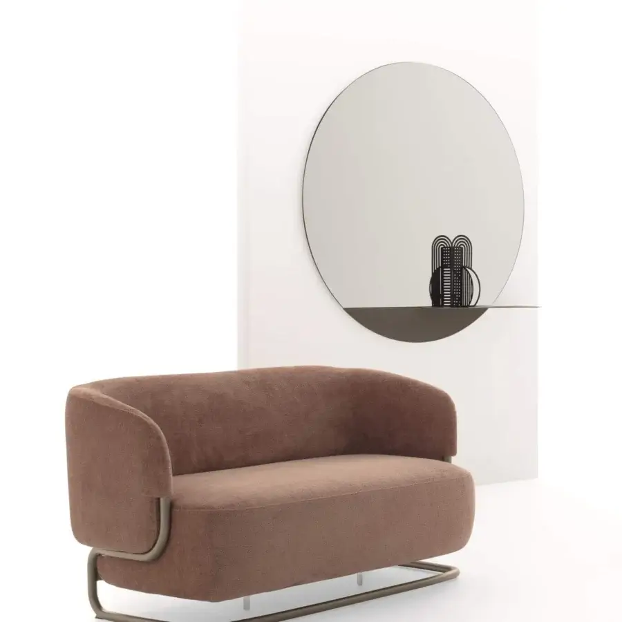 Distinguished Ditre Italia Eric mirror with a round gray reflective surface and sleek black frame including a semi-circular gray shelf