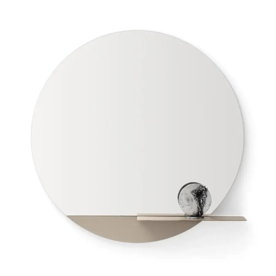 Exclusive Ditre Italia Eric mirror with a circular reflective surface and light tan shelf crafted in Italy