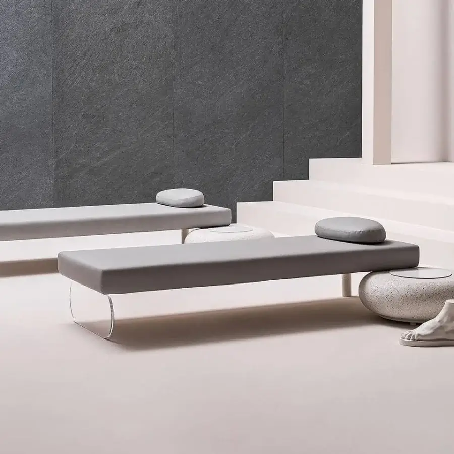 Exceptional Varaschin Wellness Therapy bed with matte gray textile upholstery and transparent plexiglass support