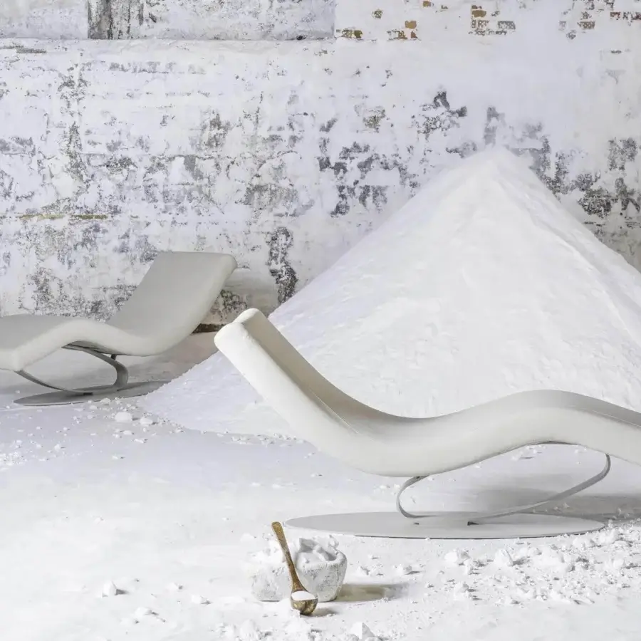 Distinguished Varaschin Wellness Therapy lounger in light gray textile with wave-like metal base crafted for ultimate relaxation