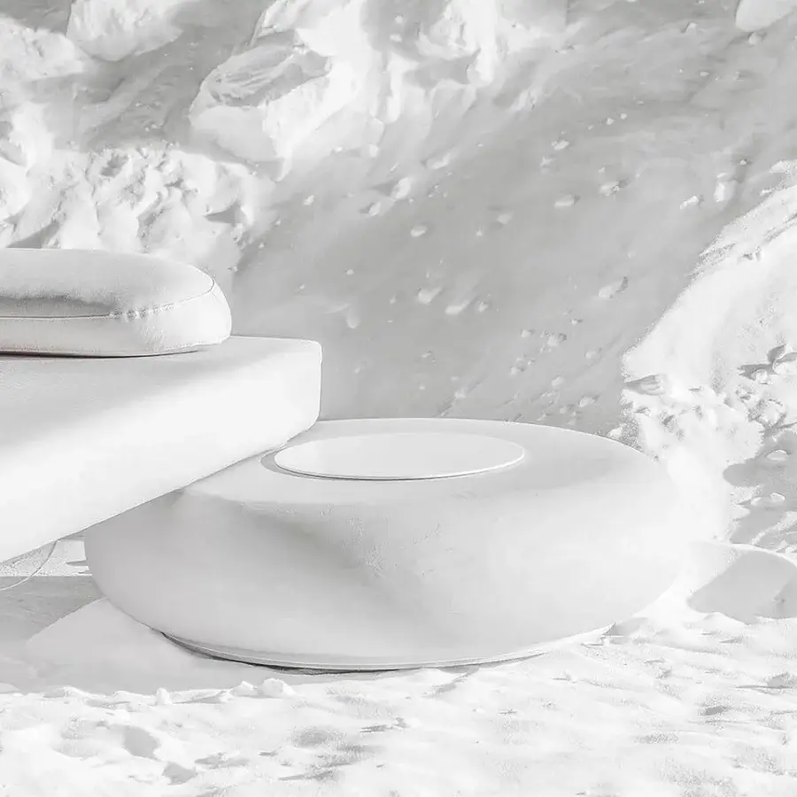 Distinguished Varaschin Wellness Therapy stone platform built with a bright white base and smooth matte finish for immersive relaxation