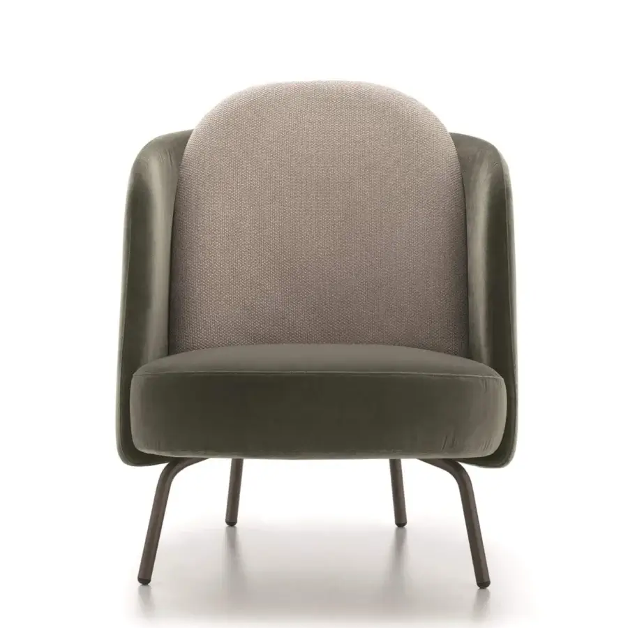 Elegant Ditre Italia Lucia lounge chair with curved olive-green textile and lighter woven backrest with dark matte metal legs