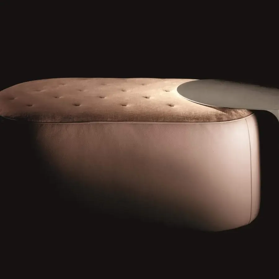 Captivating Ditre Italia Clip ottoman with quilted muted brown textile and smooth taupe leather, built with a satin metal side table
