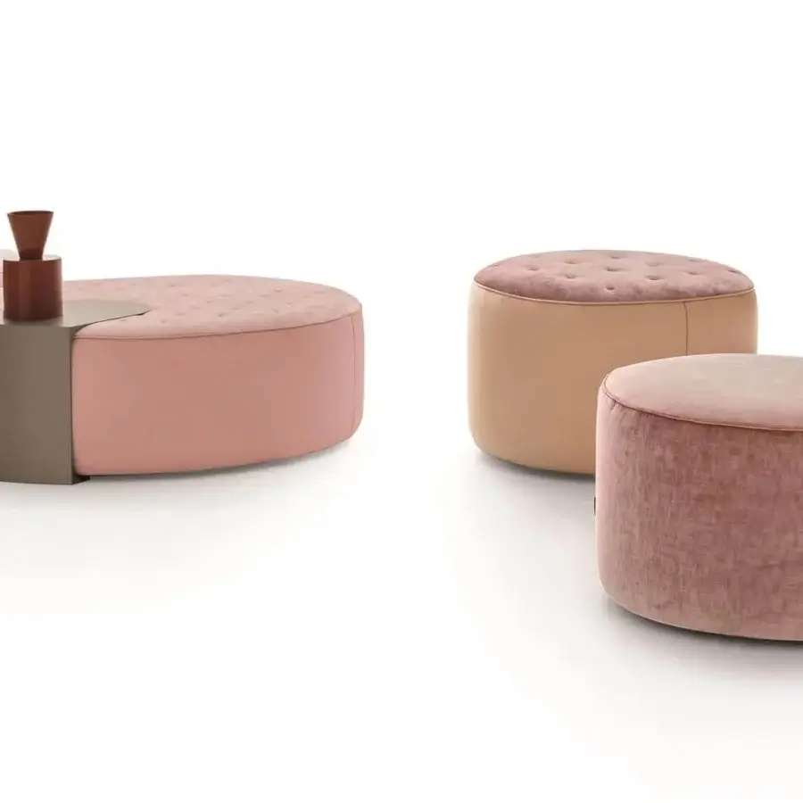 Distinguished Ditre Italia Clip ottoman with quilted pink and beige textiles and dark brown leather base