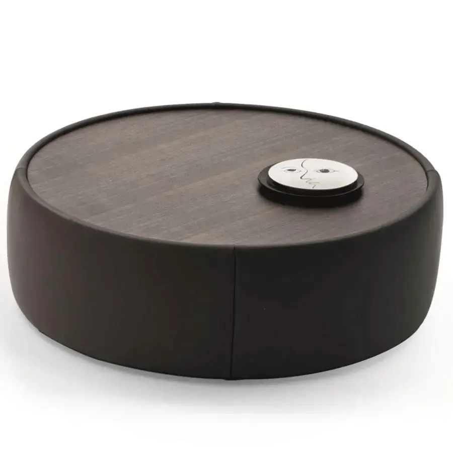 Distinguished Ditre Italia Clip coffee table with round wood top and cylindrical upholstered base in a dark tone with matte finish