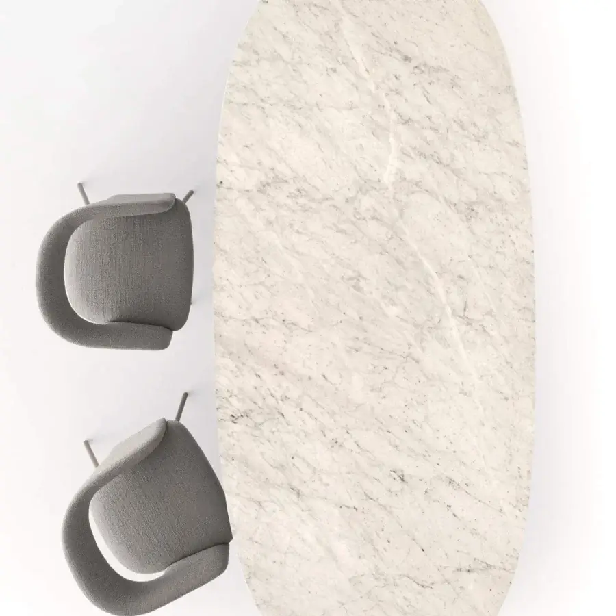 Elegant Ditre Italia Nell table with grey veined marble top and light metal base crafted in Italy