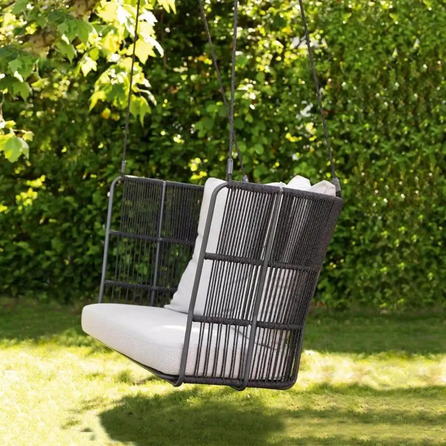 Distinguished Varaschin Tibidabo outdoor swing with aluminum frame and hand-woven Silk Grey PVC synthetic fiber rope in creamy white textiles