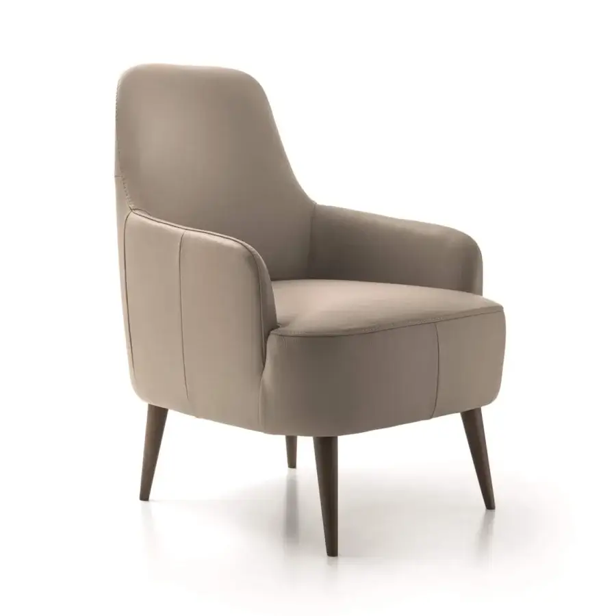 Exclusive Ditre Italia Ray lounge chair upholstered in light taupe fabric, leather or mix with elegant dark brown wooden legs