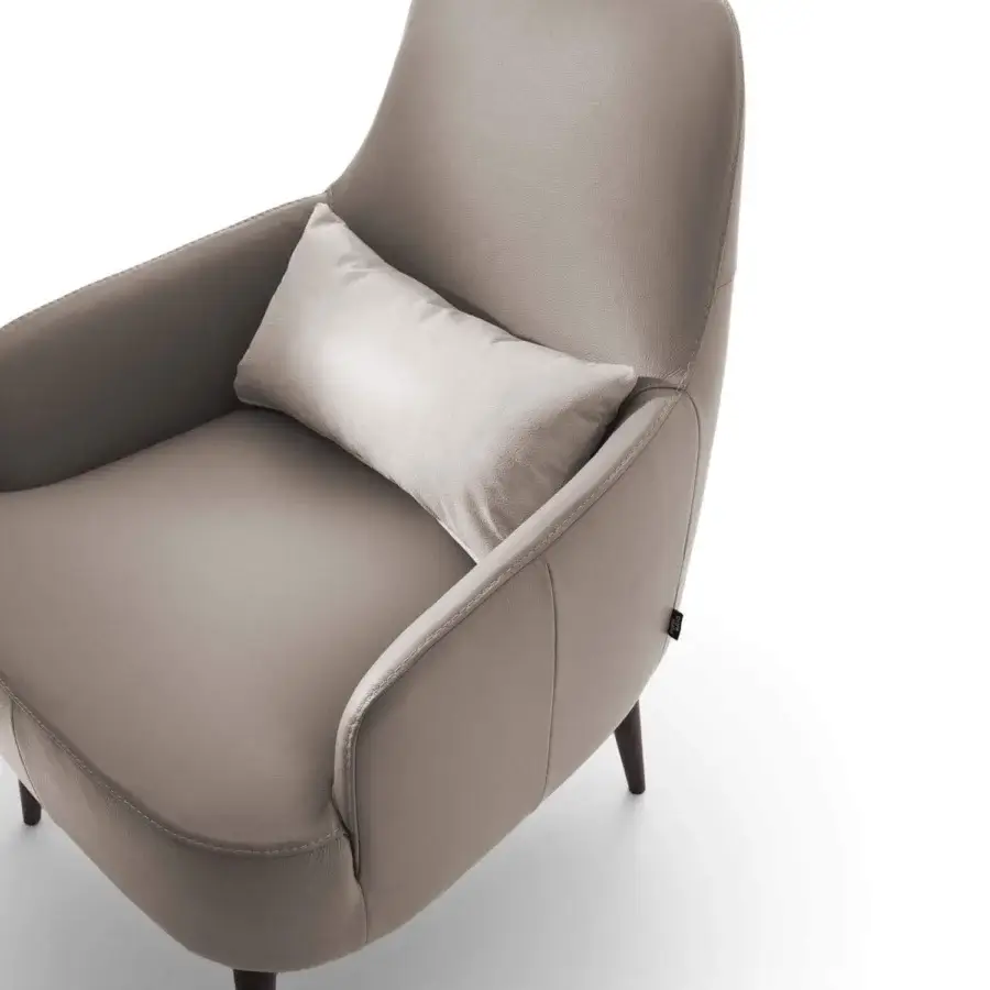 Superior Ditre Italia Ray lounge chair with all-embracing lines upholstered in grayish-taupe fabric or leather with dark-toned wooden legs