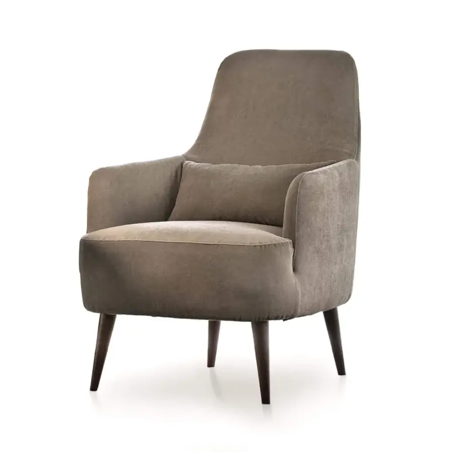 Elegant Ditre Italia Ray lounge chair upholstered in muted gray-brown textile with soft matte finish and dark brown wooden legs