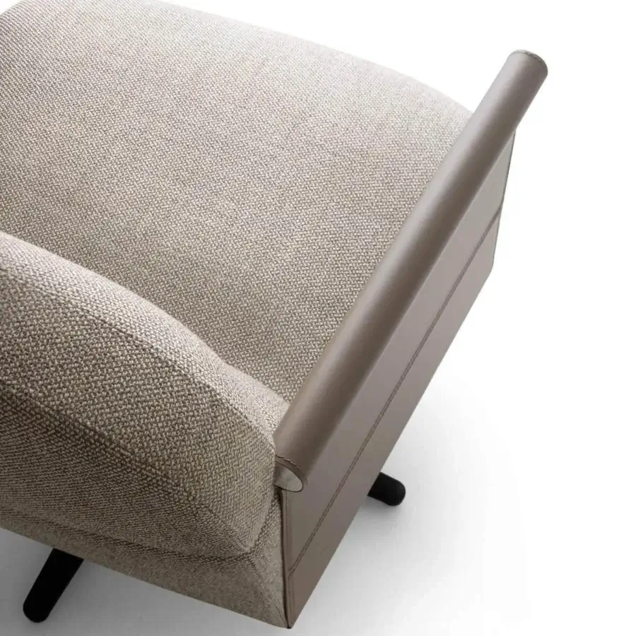 Exceptional Ditre Italia Beyl lounge chair with light beige woven textile and light brown smooth leather armrests built with a painted metal base