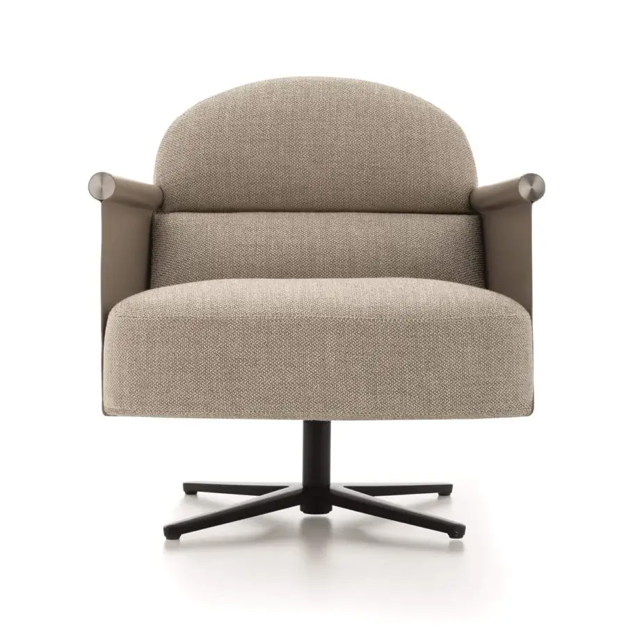 Lavish Ditre Italia Beyl lounge chair with light beige textile upholstery and smooth painted metal armrests