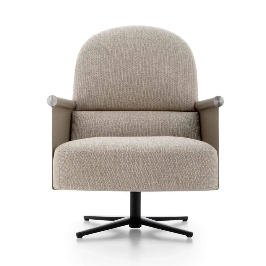 Superior Ditre Italia Beyl lounge chair with light beige textured textile and refined tan leather armrests built with a painted black metal base