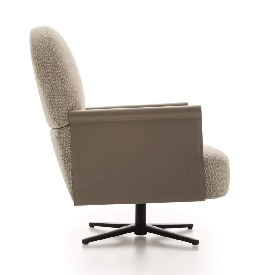 Distinguished Ditre Italia Beyl lounge chair with light beige textile upholstery and smooth taupe leatherette accents built with a matte black metal base