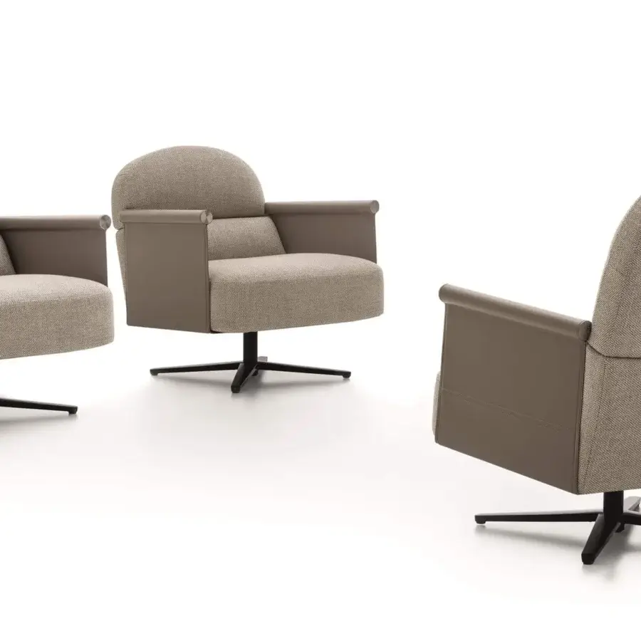Elegant Ditre Italia Beyl lounge chair with light gray woven textile and taupe leather armrests in painted black metal
