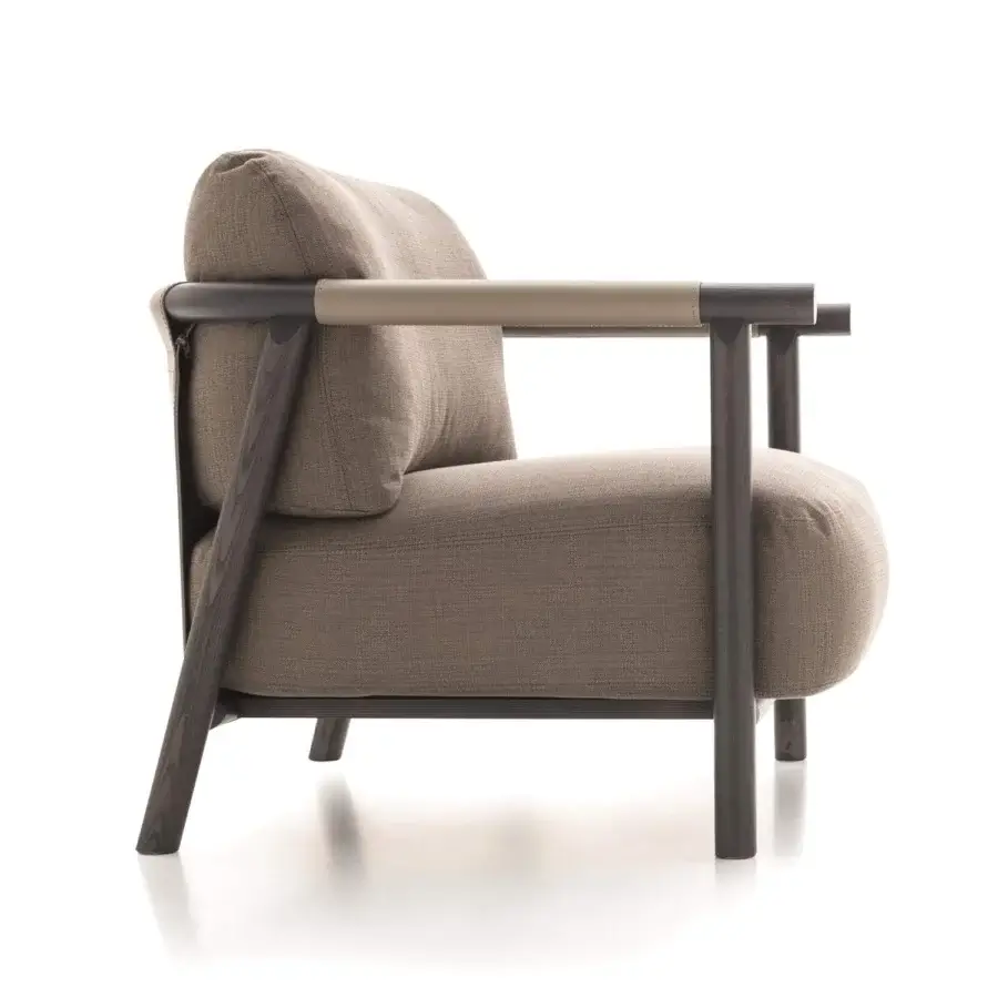 Lavish Ditre Italia Nathy lounge chair with textured warm brown textile and dark toned wooden frame