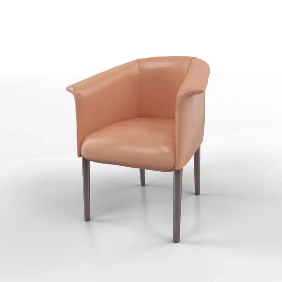 Elegant Presotto Milo armchair with expanded polyurethane padding upholstered in light brown leather-like textile and dark brown matte ash wood legs