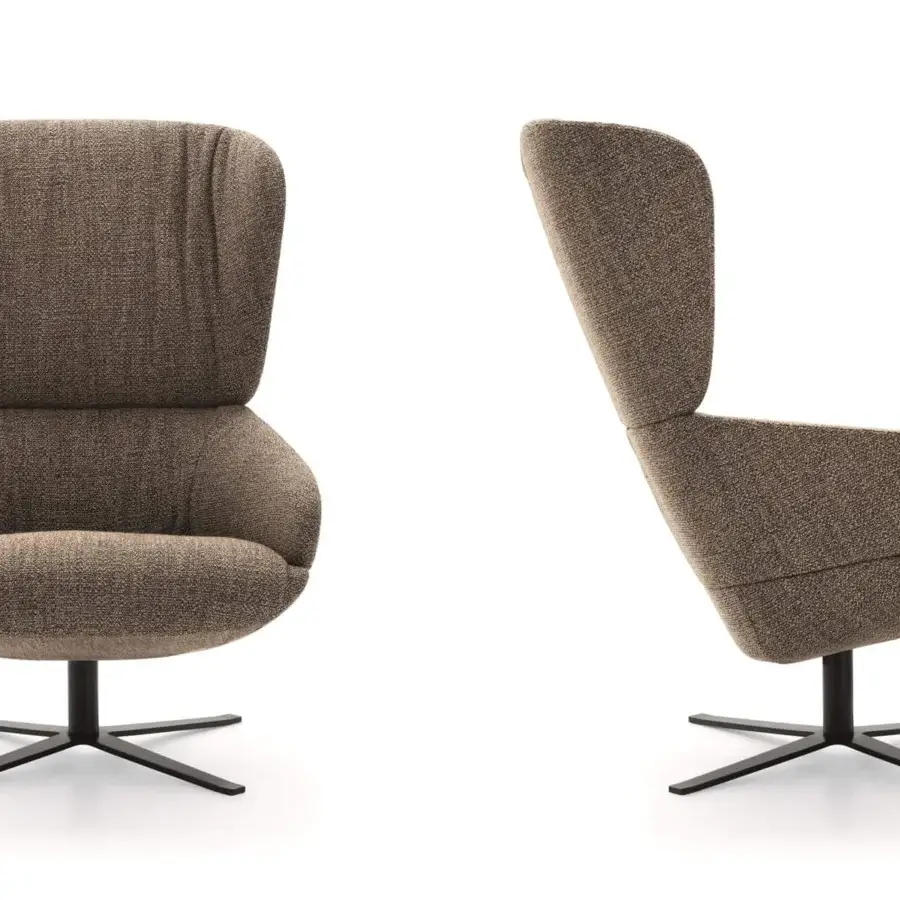 Distinguished Ditre Italia Cut Soft lounge chair upholstered in textured matte brown textile with a dark metal swivel base