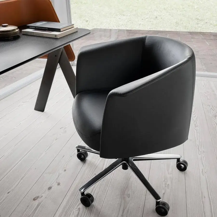Superior Presotto Milo armchair with sleek black synthetic leather or fabric upholstery and polished aluminum base crafted on castors
