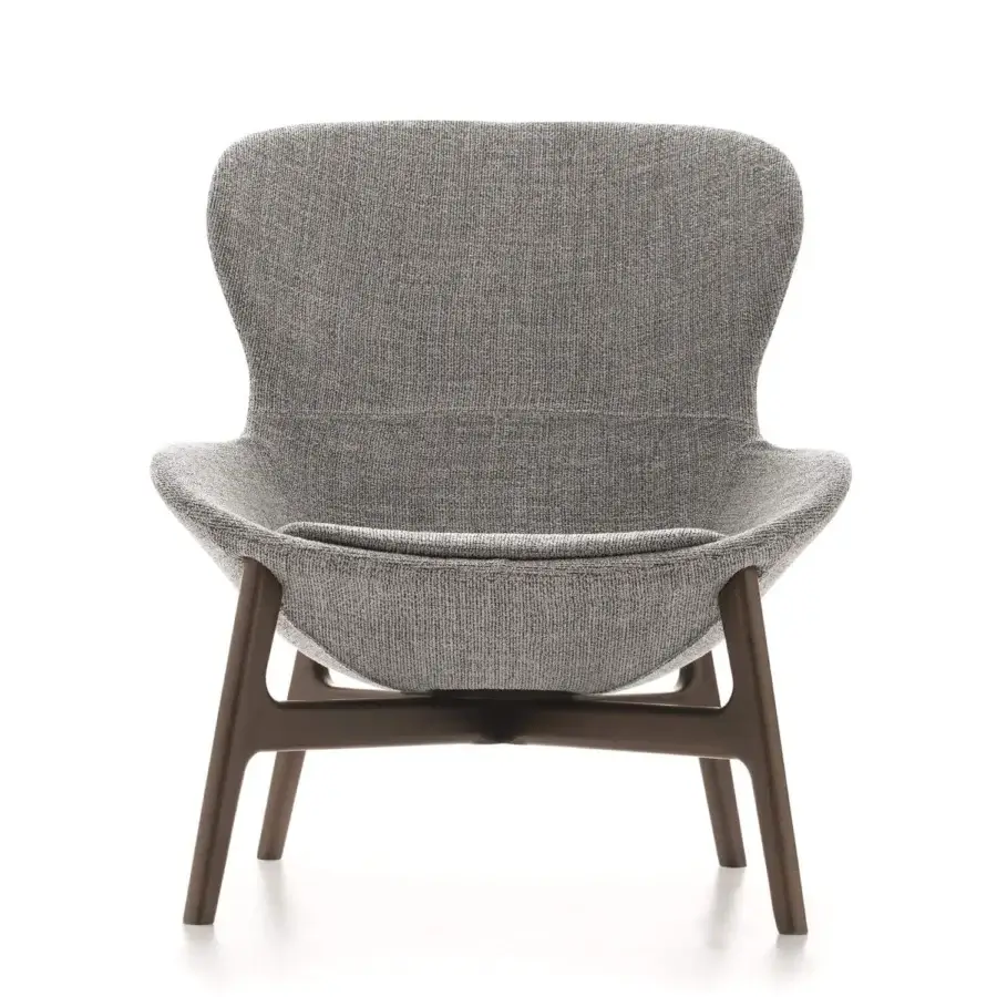 Exclusive Ditre Italia Round Lounge Chair with cosy wraparound shape upholstered in textured gray fabric and dark-toned wooden base