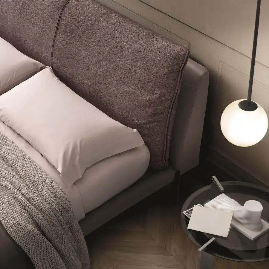 Exceptional Ditre Italia Kim bed with heathered brown-gray textile upholstery and cylindrical legs