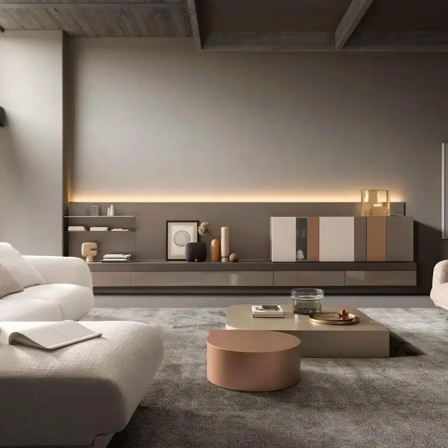 Distinguished Presotto Drop coffee table crafted in Italy with smooth light beige or taupe matt lacquer finish