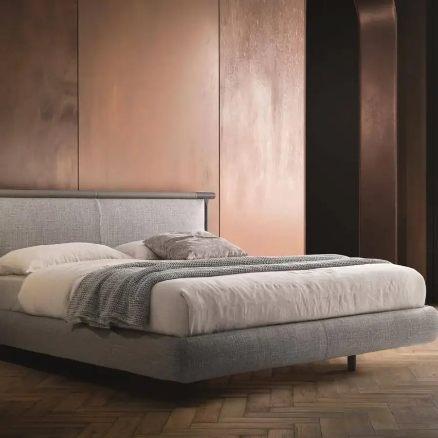 Superior Ditre Italia Nathan bed with light gray upholstery and darker gray framing, built with a wooden structure