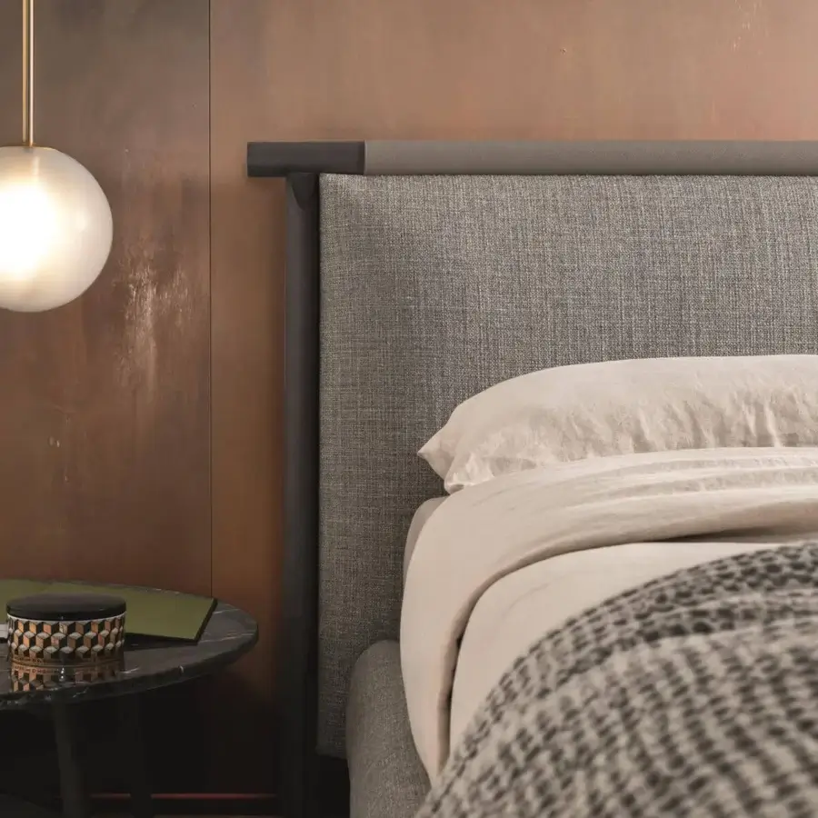 Captivating Ditre Italia Nathan bed with textured gray textile upholstery and a leather headboard crafted in Italy
