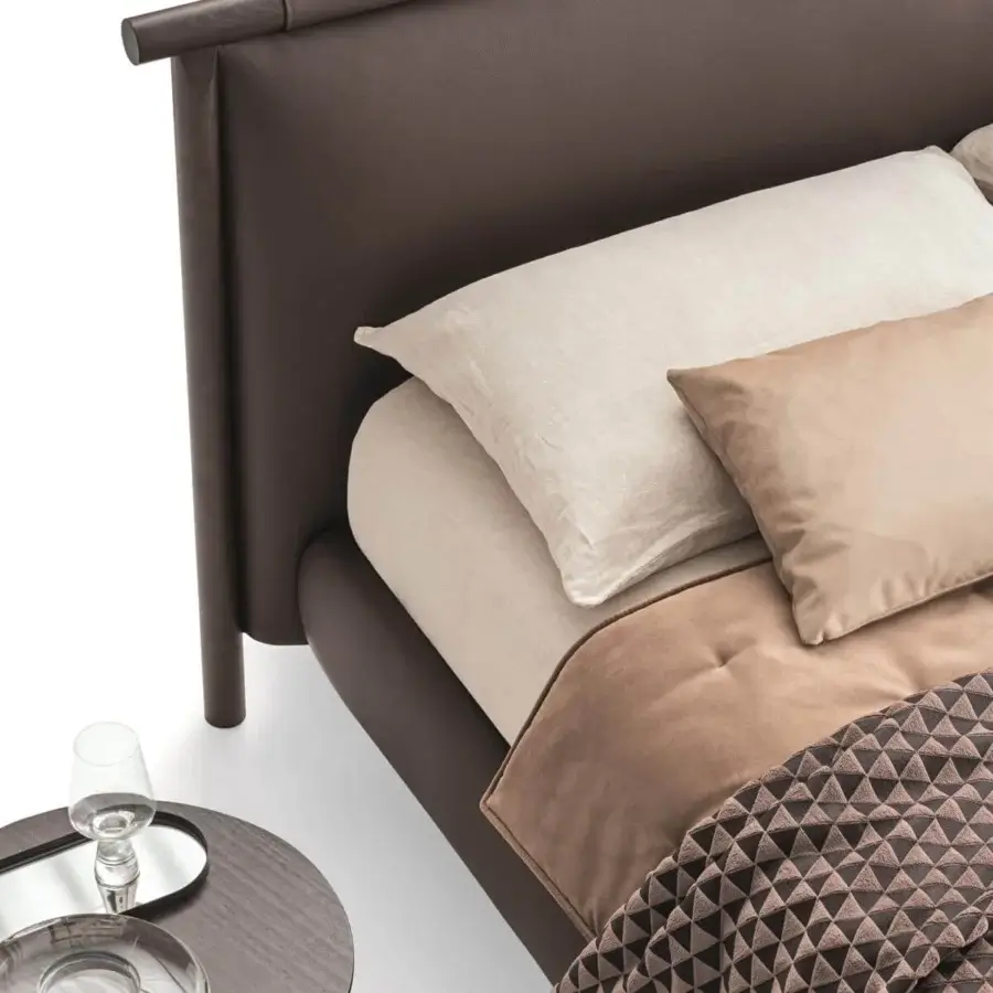 Distinguished Ditre Italia Nathan bed with dark brown leather headboard and a low-profile wooden structure crafted with a dark finish