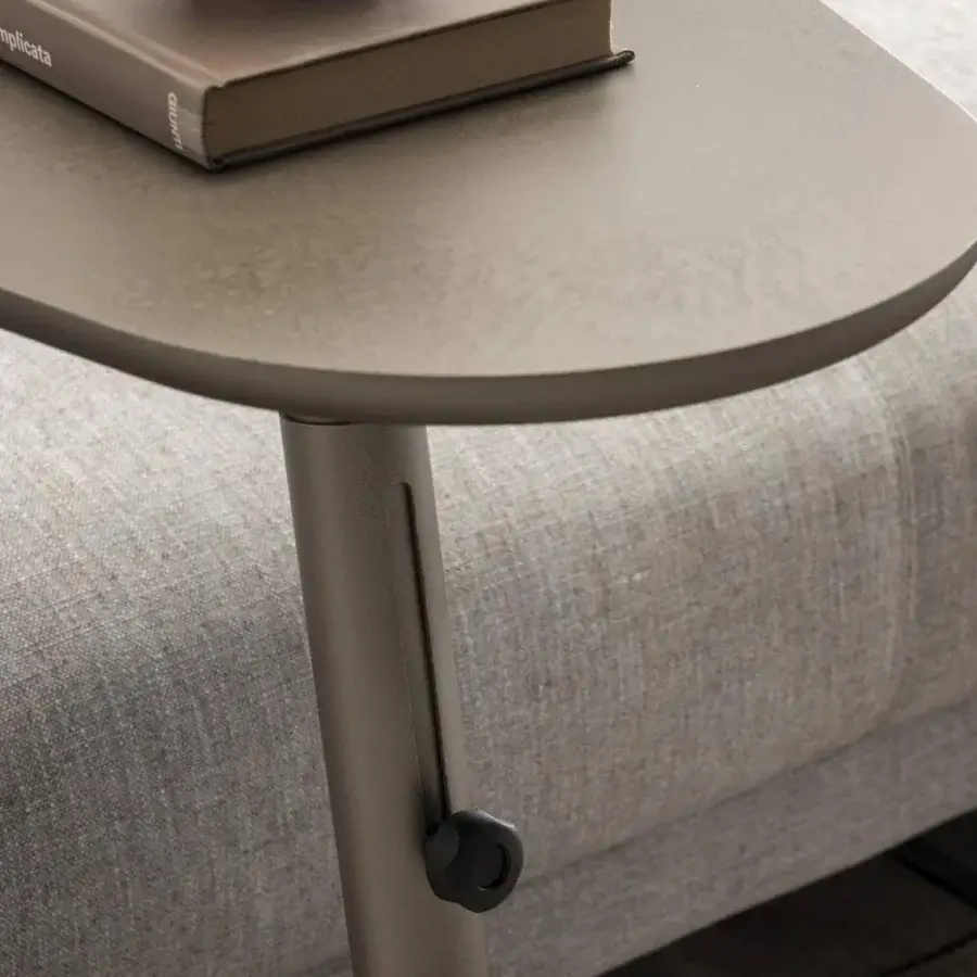 Distinguished Presotto Ambrogino side table with cylindrical metal base and sophisticated matt lacquer tabletop in gray-brown hue