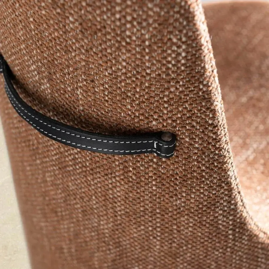 Distinguished Presotto Landscape chair with steel structure, brown textured fabric upholstery and black leather handle with white stitching