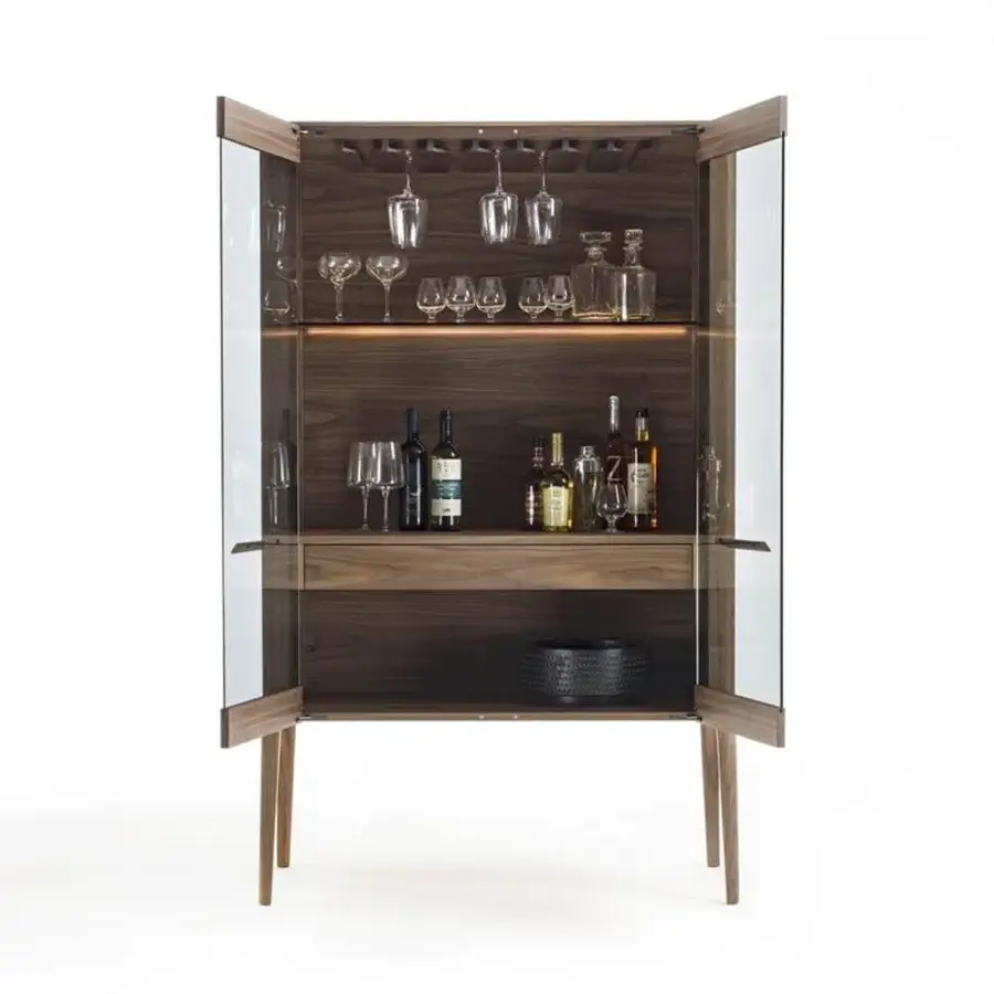 Distinguished Porada Atlante bar cabinet crafted in canaletto walnut with smoked glass doors and satin finish