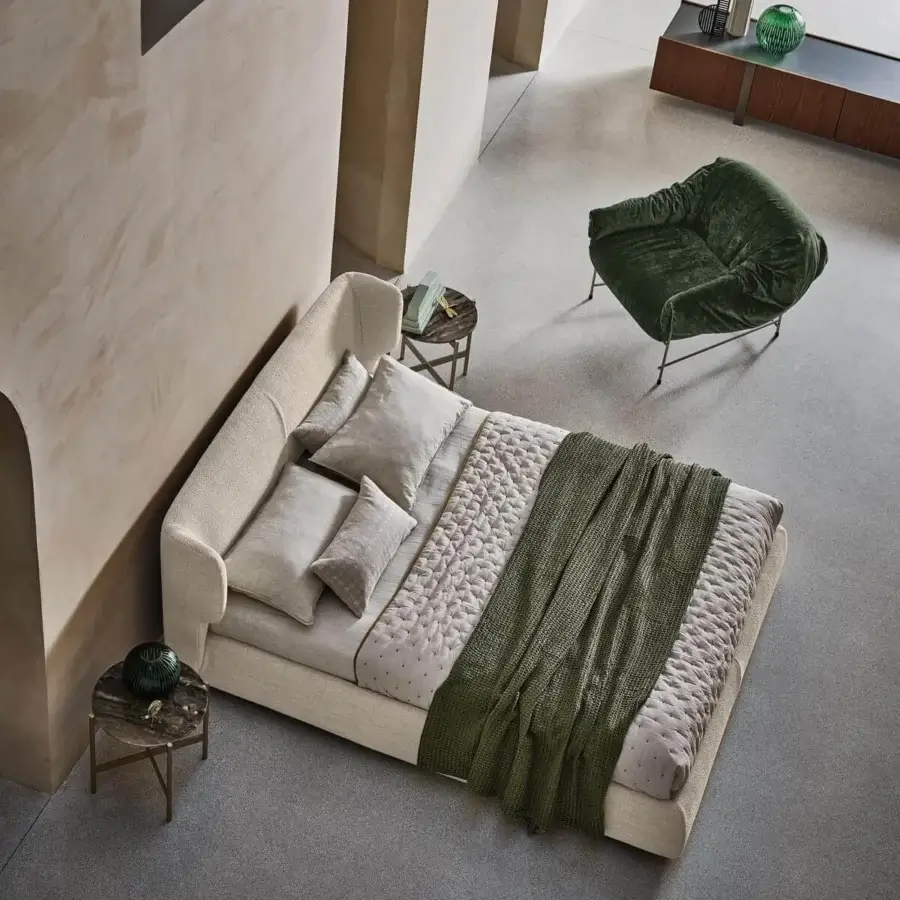 Sophisticated Ditre Italia Claire bed with wraparound headboard in textured light beige textile and plush design