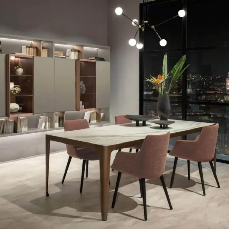 Elegant Presotto Grand More table with glossy marble effect top exhibiting grey veining in light beige and medium-toned brown finished frame