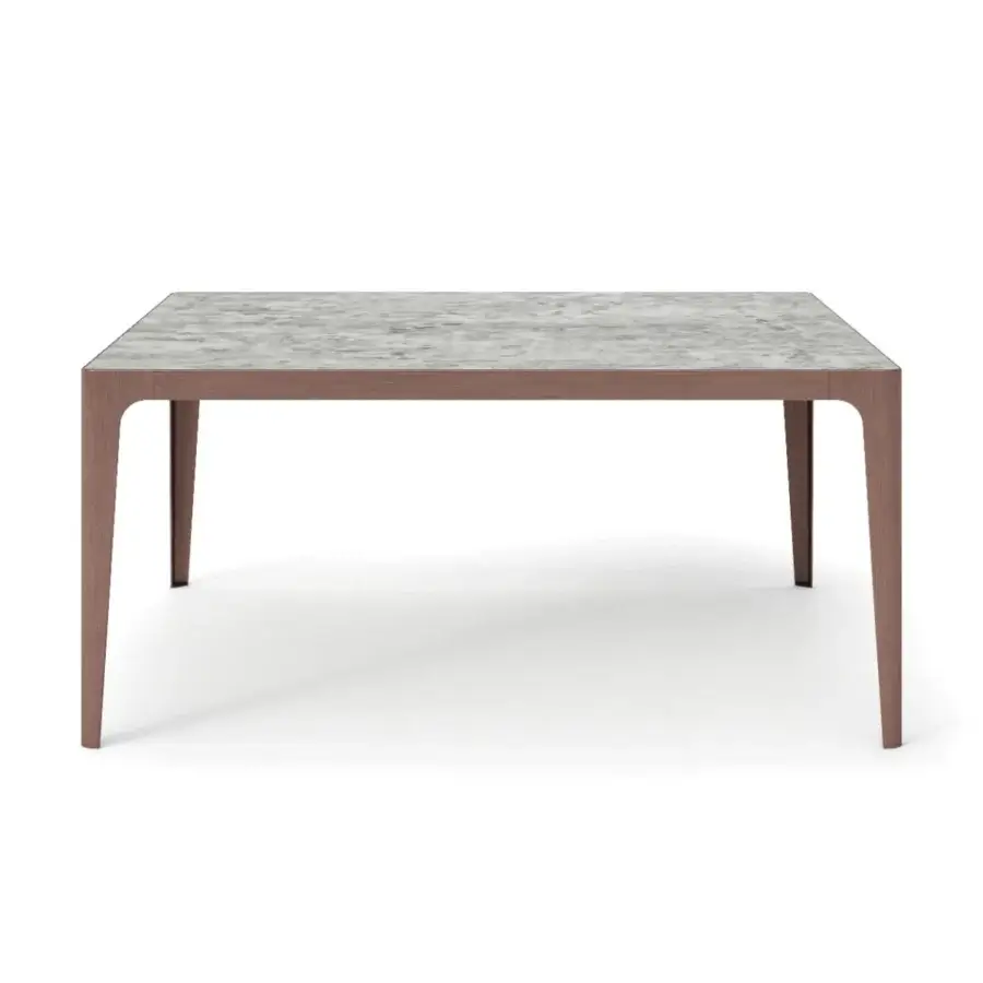 Elegant Presotto Grand More table with a light gray lacquered top and subtly tapered medium-toned brown wooden legs