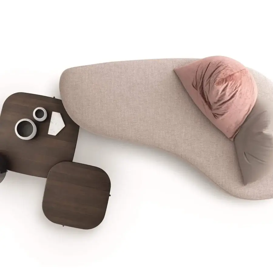 Exceptional Ditre Italia Papilo sofa with light beige textile upholstery, muted pink velvet cushions and a matte finish