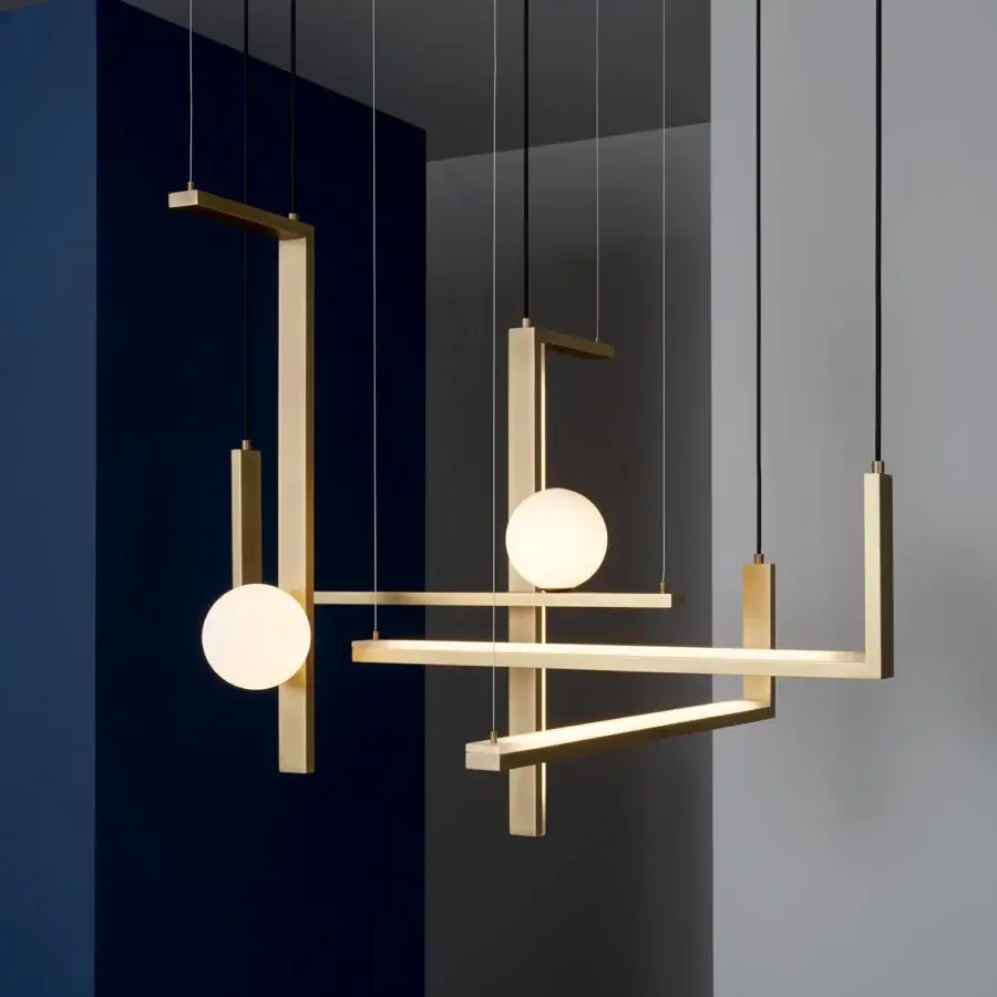 Distinguished VENICEM Less System 5 suspension lamp with geometric metal framework and translucent white glass shades in burnished natural brass finish