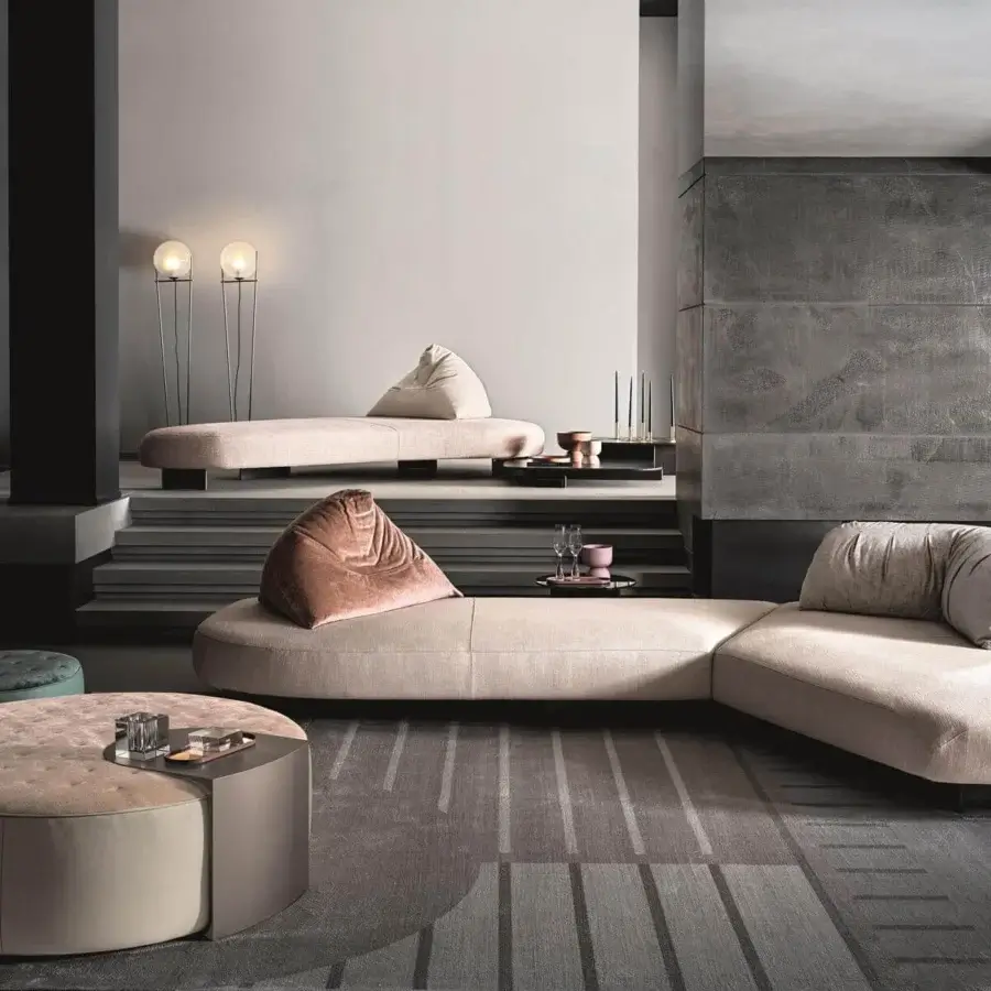 Superior Ditre Italia Clip ottoman with quilted seat and leather base in light beige textile with smooth finish
