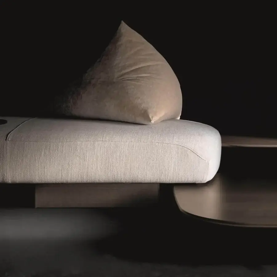 Distinguished Ditre Italia Papilo sectional with rounded shape, mobile cushion and streamlined matte wood base in light beige textile