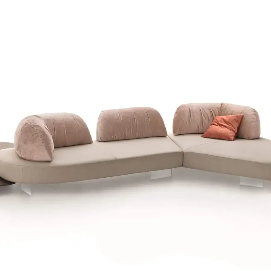 Superior Ditre Italia Papilo sectional with light beige textile, mauve velvet cushions and transparent acrylic legs