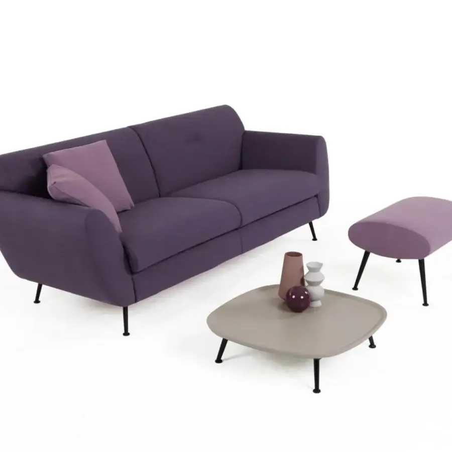 Superior Presotto Olive sofa with dark purple textile upholstery and peltro varnished metal legs