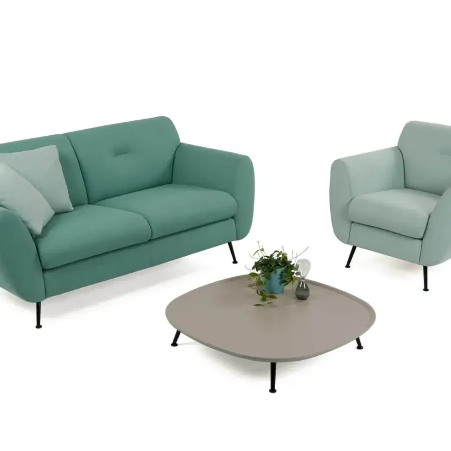Distinguished Presotto Olive sofa with a curved silhouette upholstered in muted green textile and peltro varnished metal legs