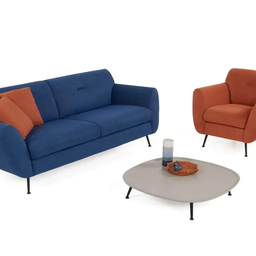 Elegant Presotto Olive sofa with matte blue textile upholstery, curved armrests and peltro-varnished metal legs