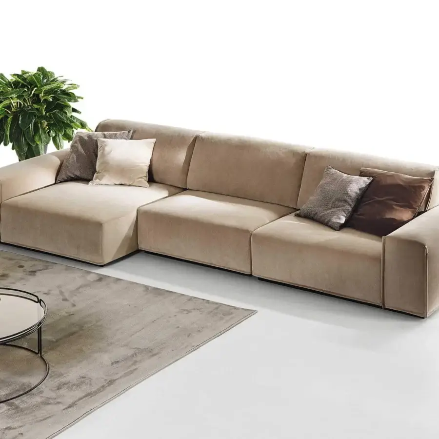 Distinguished Ditre Italia Monolith sectional upholstered in light beige soft fabric with a low geometric silhouette
